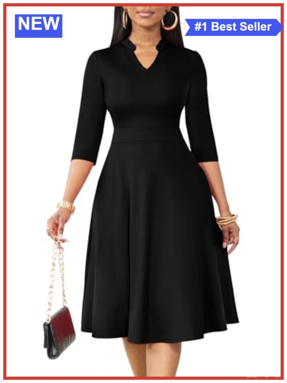 Women Stand Collar Fit and Flare Midi Dress with Pockets 3/4 Sleeve